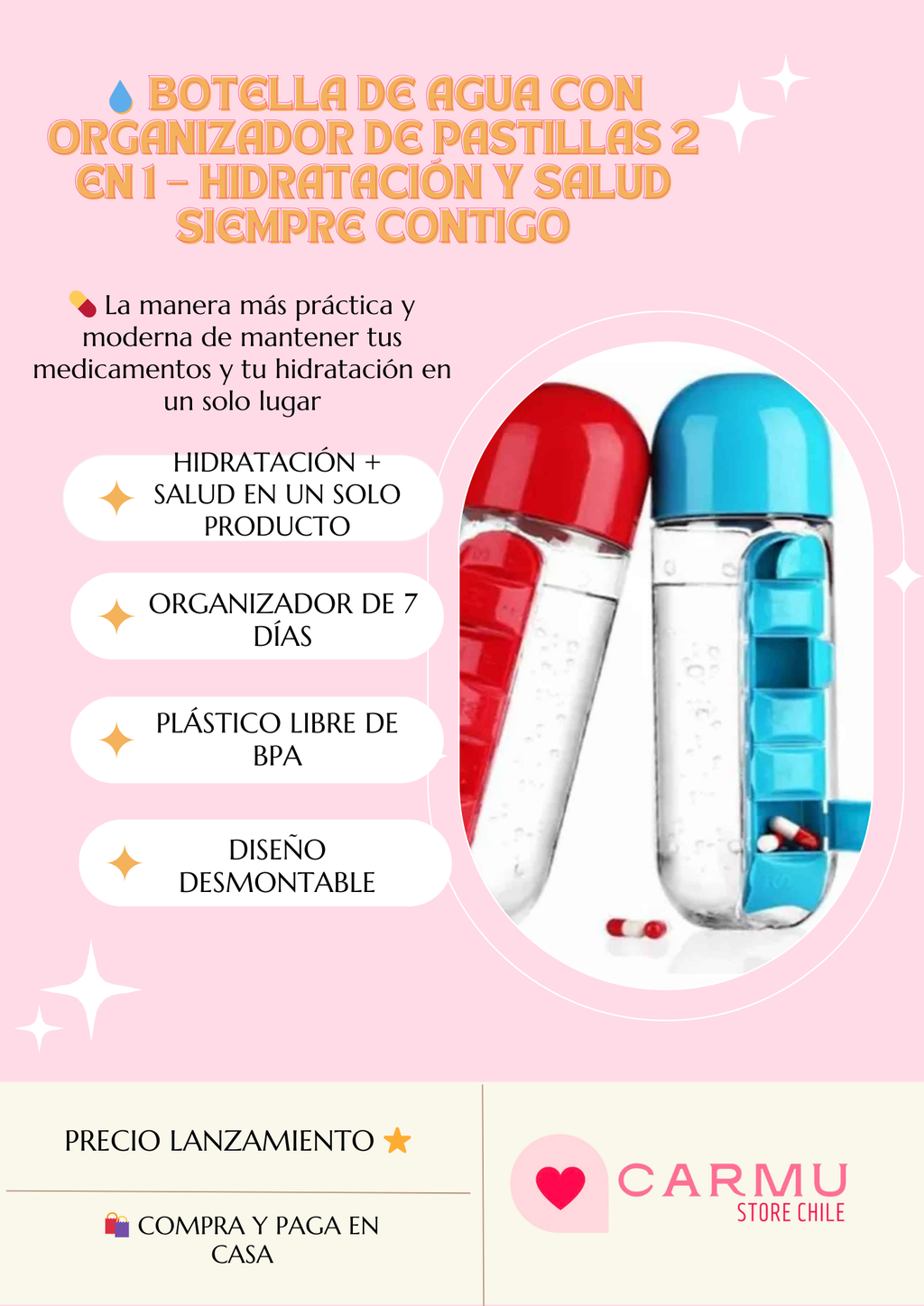 💧 BOTELLA DE AGUA CON ORGANIZADOR DE PASTILLAS 2 EN 1